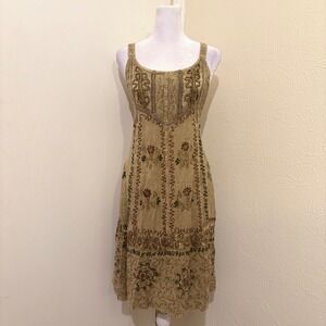 Magic Tan Gold Embroidered Floral Boho Short Dress Fairy Ren Faire Witchy